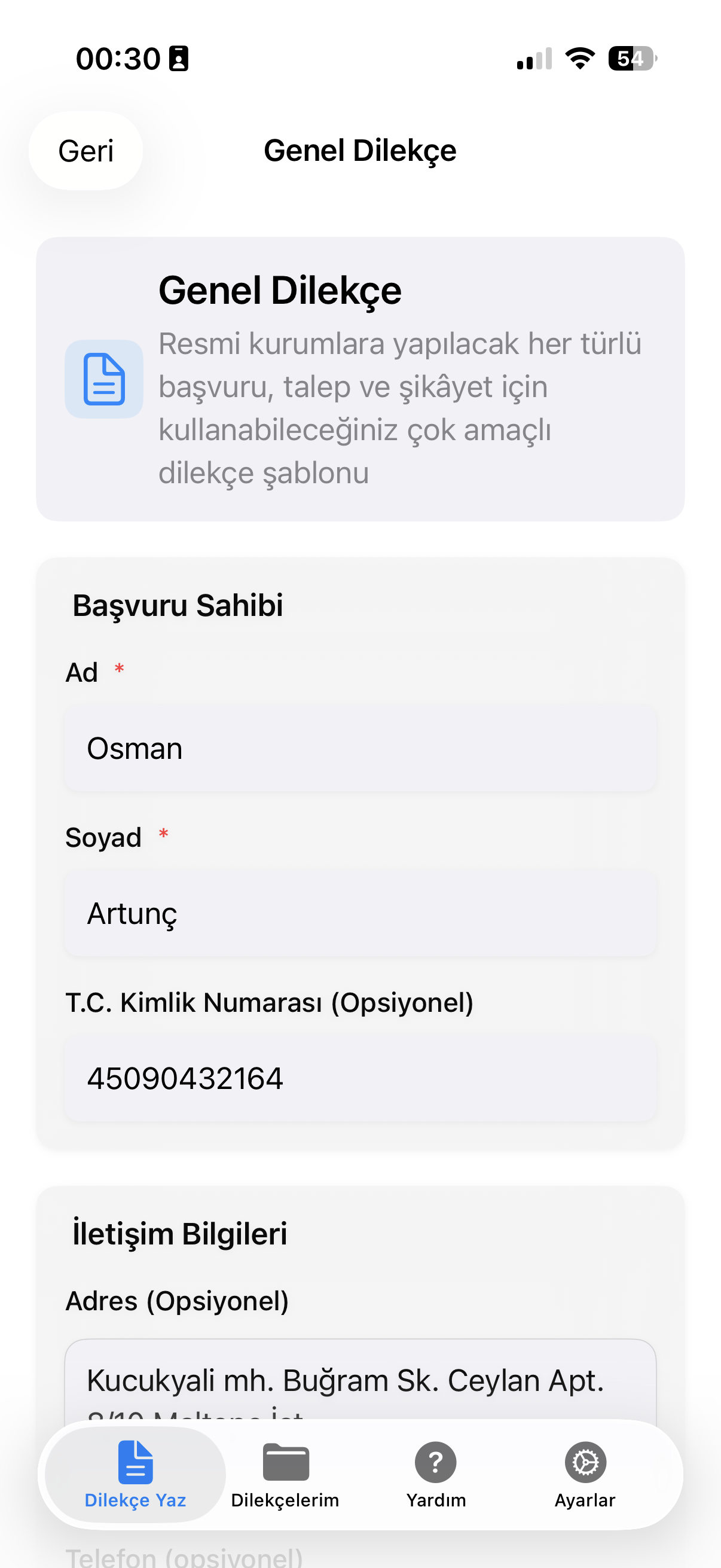 Dilekçe formu doldurma