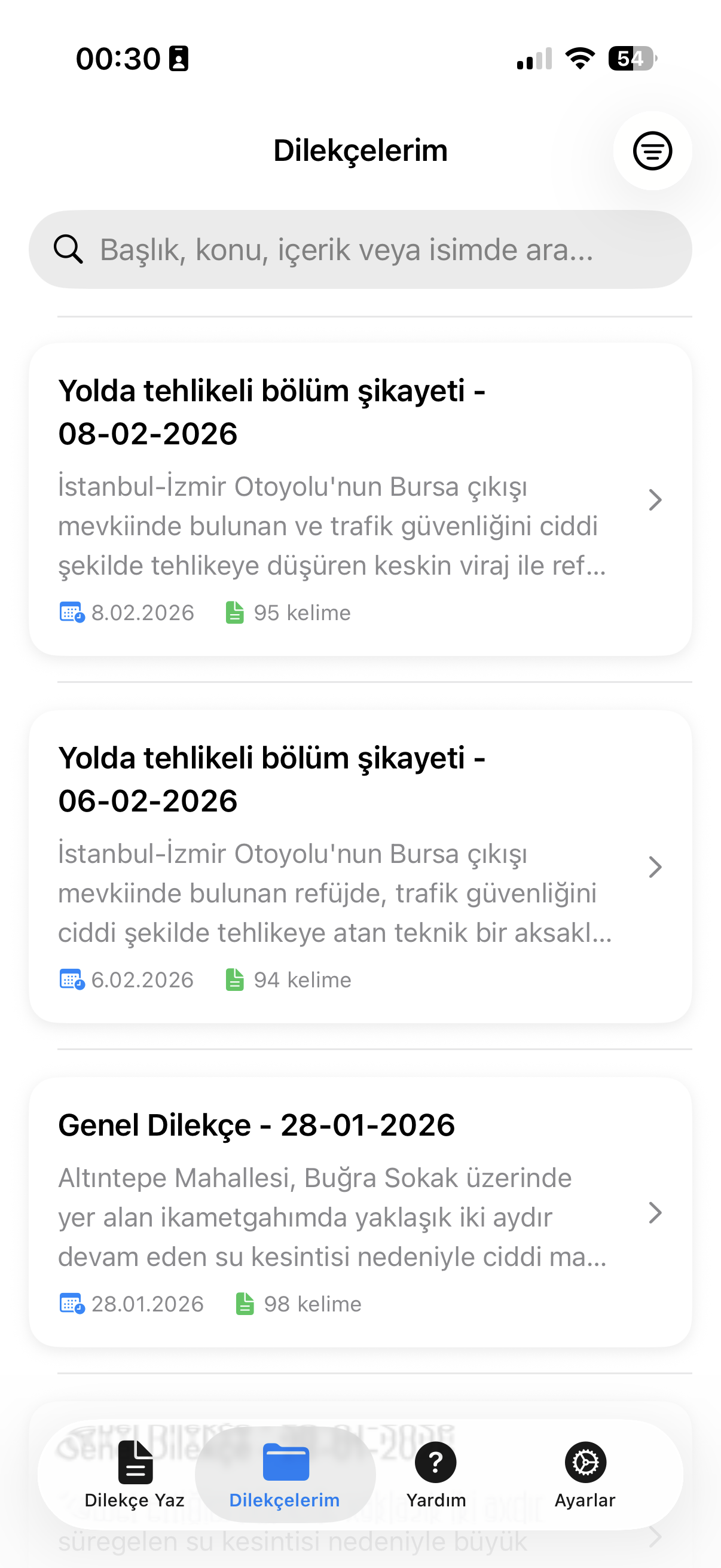 Dilekçelerim listesi